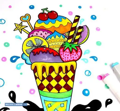 儿童画卡通画马克笔手绘简单儿童画《美味冰淇淋》