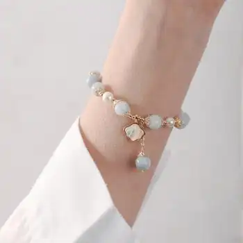 斯涟 甜美小清新海蓝宝白贝母手链百搭文艺古风珍珠手串 海蓝宝 淡水