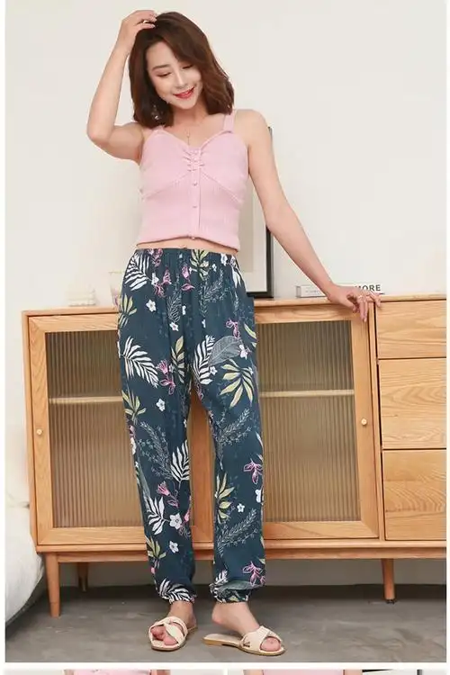 夏季女士睡裤高品质女士绵绸灯笼裤防蚊裤人造棉长款宽松睡裤加肥加大