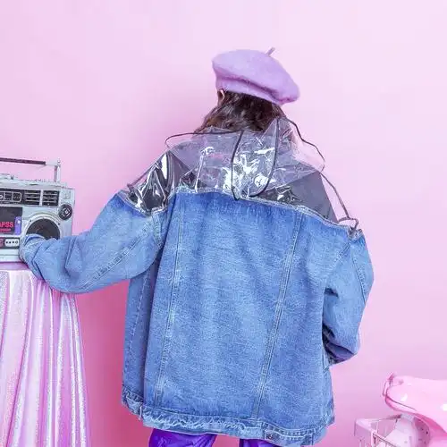 茉莉夏 欧美嘻哈复古磨破bf风剪裁透明雨衣连帽拼接宽松牛仔外套