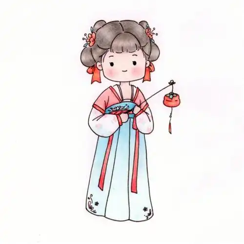 古风简笔画教程提柿子灯的少女