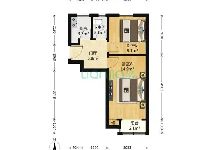 北京小黄庄2室0厅1卫50平米户型图