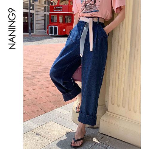 【复古运动风深蓝 明线倒三角牛仔裤】24春夏遮肉显瘦休闲裤