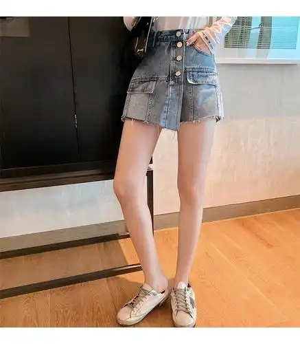 牛仔短裤女2020夏季新款韩版性感高腰显瘦不规则a字半身裙短裤裙 蓝色