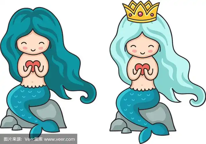 可爱的小美人鱼,蓝绿色的头发和心脏