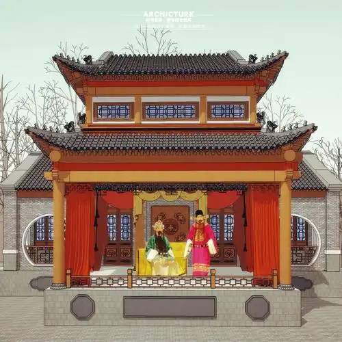 模型su中式戏台舞台唱戏戏场室外表演对称设计素材