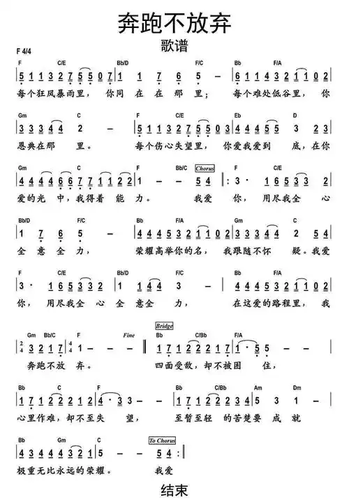 >>奔跑不放弃歌谱乐谱奔跑不放弃(原版f调) 和弦简谱 - 全屏观看歌谱