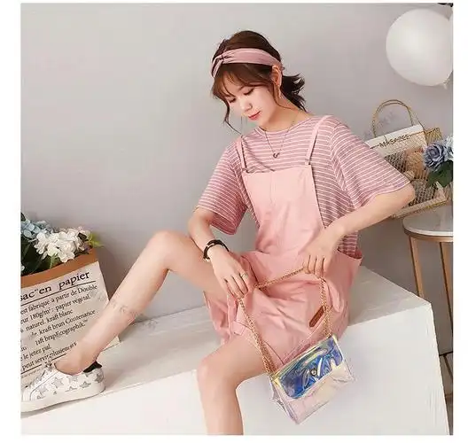 2022新款很仙的洋气俏皮减龄两女时尚阔腿背带短裤子套装粉色套装s