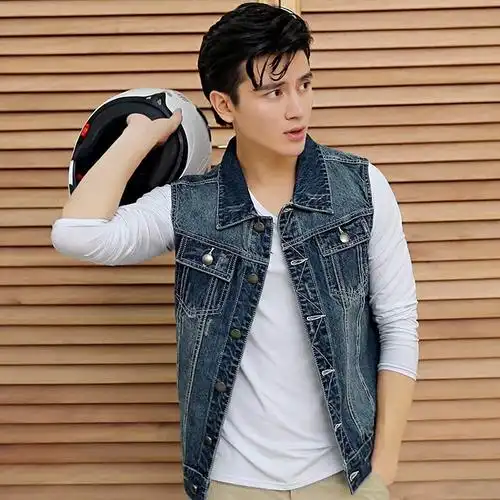 平昂服饰 韩版春秋装新款男士牛仔马甲男无袖时尚修身牛仔男背心潮