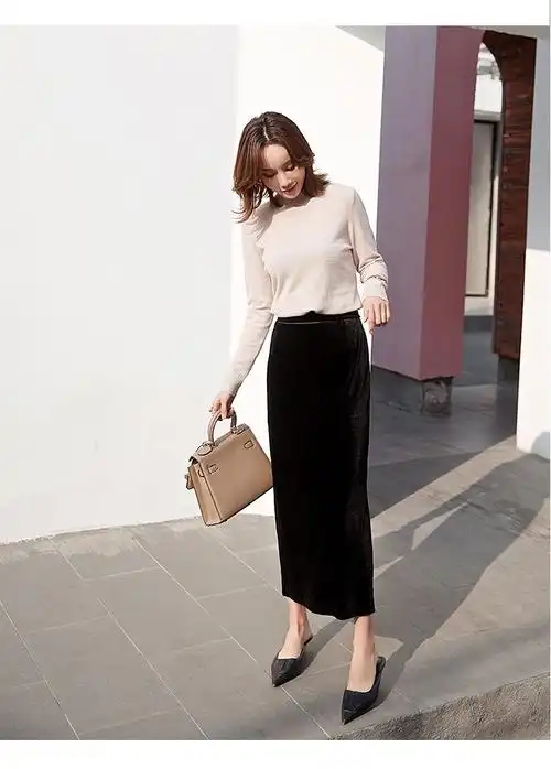 月袖秋冬金丝绒开叉百搭半身裙女装气质显瘦包臀裙小香风中长款一步裙