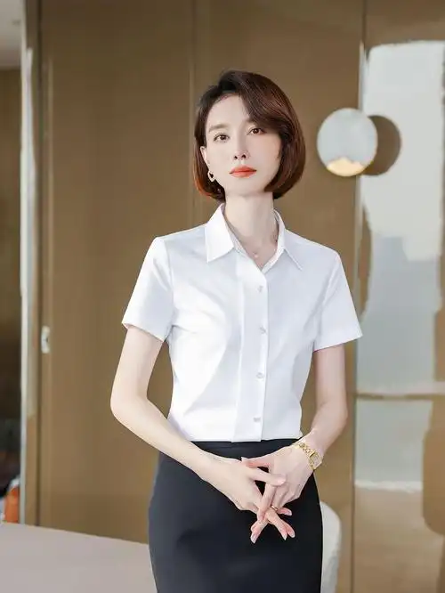 空姐衬衫女短袖翻领职业南航空乘面试珠宝房产销售工作服白色衬衣