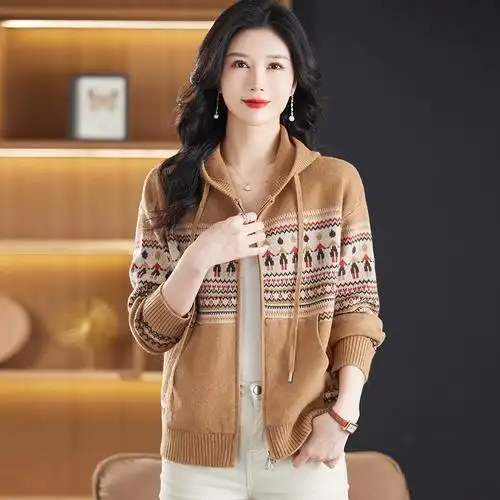 恒源祥春秋连帽羊毛开衫女大码宽松外搭针织衫拼色提花毛衣外套女