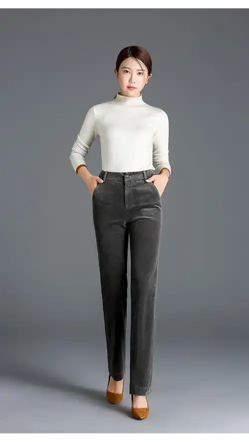 施悦名 高腰弹力小直筒裤灯芯绒女裤条绒长裤休闲裤春秋冬款a