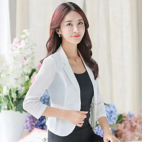 夏季薄款棉麻小西装外套女士休闲七分袖白色西服短款修身收腰上衣