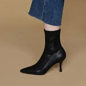 m先生 弹力布靴子女春秋单靴细跟瘦瘦靴尖头侧拉链性感高跟短靴