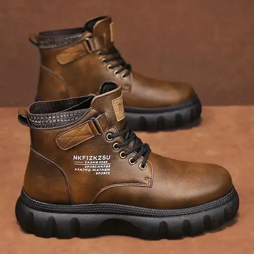 高帮复古时尚马丁靴秋冬系带款男士厚底潮鞋袜子口休闲皮面工装靴