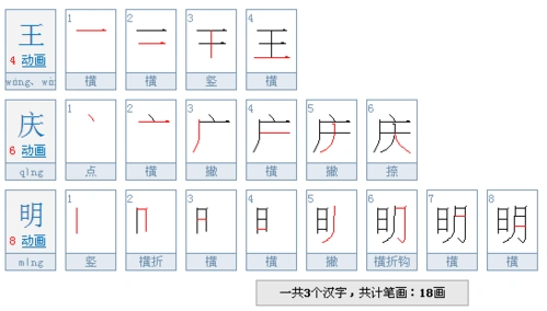王庆明三个字共有多少笔画