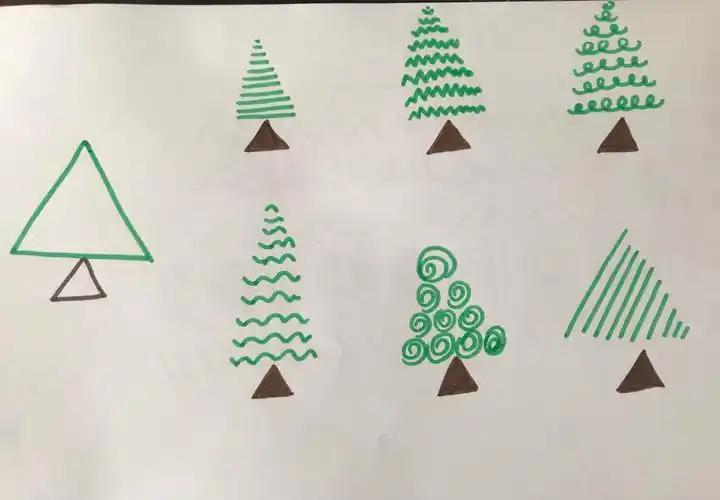 第四步:小朋友用刚才练习过的线条画出六棵不同的小树