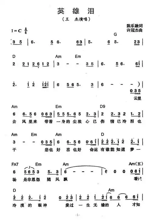 英雄泪(陈乐融词 许冠杰曲)简谱,流行歌曲简谱 - 简谱宅