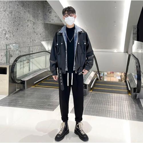 【套装单件】假两件外套翻领皮夹克休闲皮衣搭配加厚百搭哈伦裤潮