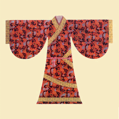 衣服几经转折,绕至臀部,然后用绸带系束,衣上还绘有精美华丽的纹样.