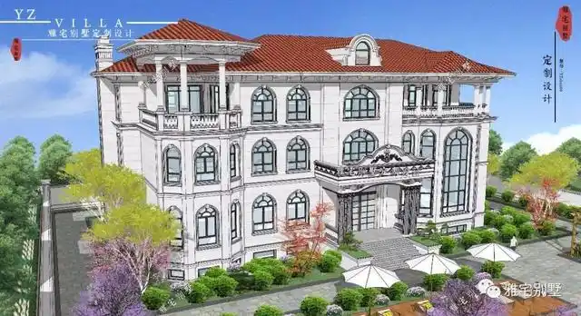 三层千平欧式豪华别墅设计图,挑空客厅,顶层八角凉亭.