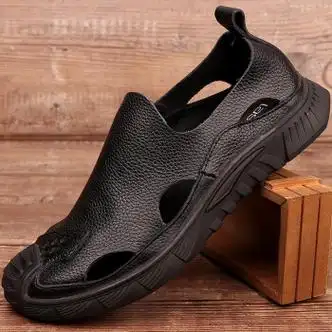 戴丽格dailige皮凉鞋男夏季全牛皮一脚蹬洞洞鞋软皮透气休闲镂空包头