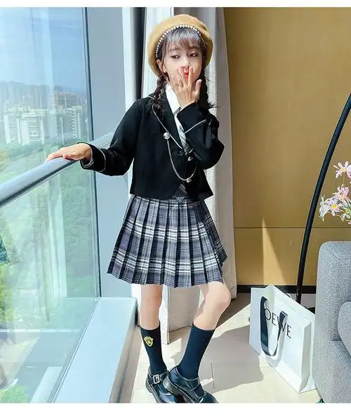 女童jk套装儿童jk套装全套女童春秋学院风三件套格子百
