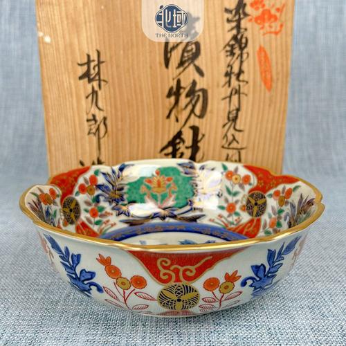 林九郎日本进口吉祥牡丹纹陶瓷大碗日式家用染锦葵口钵带盒