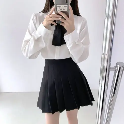 实拍 白色衬衫女 黑色百褶裙套装