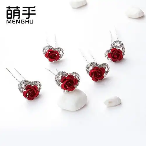 韩版新款儿童桃心水钻发簪红色玫瑰花发插小女孩盘发编发u型发钗