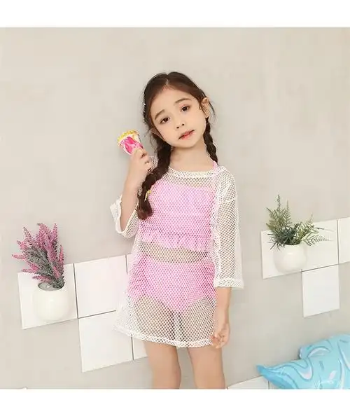 韩版比基尼泳衣 儿童分体三件套温泉泳装镂空罩衫女童高腰游泳衣