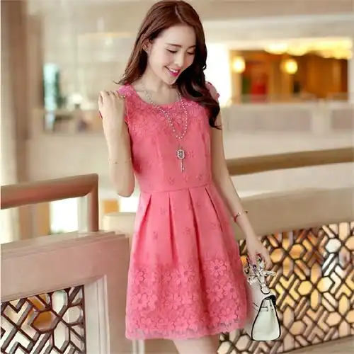 妃妮施 2014夏天衣服女装韩版新款欧根纱蕾丝修身无袖背心裙修身显瘦