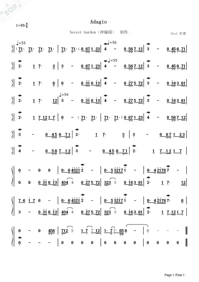 「纯音乐」adagio_神秘园(secret garden)制作——动态简谱
