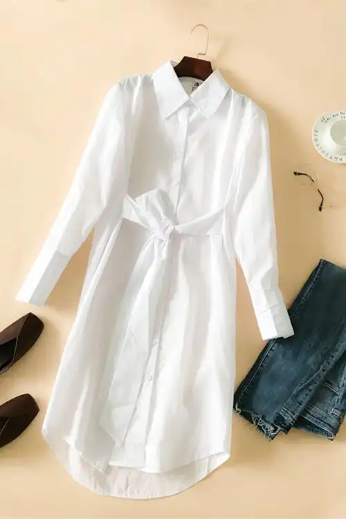 白衬衫女长袖2020韩范中长款系带收腰修身打底衫衬衣女防晒衫
