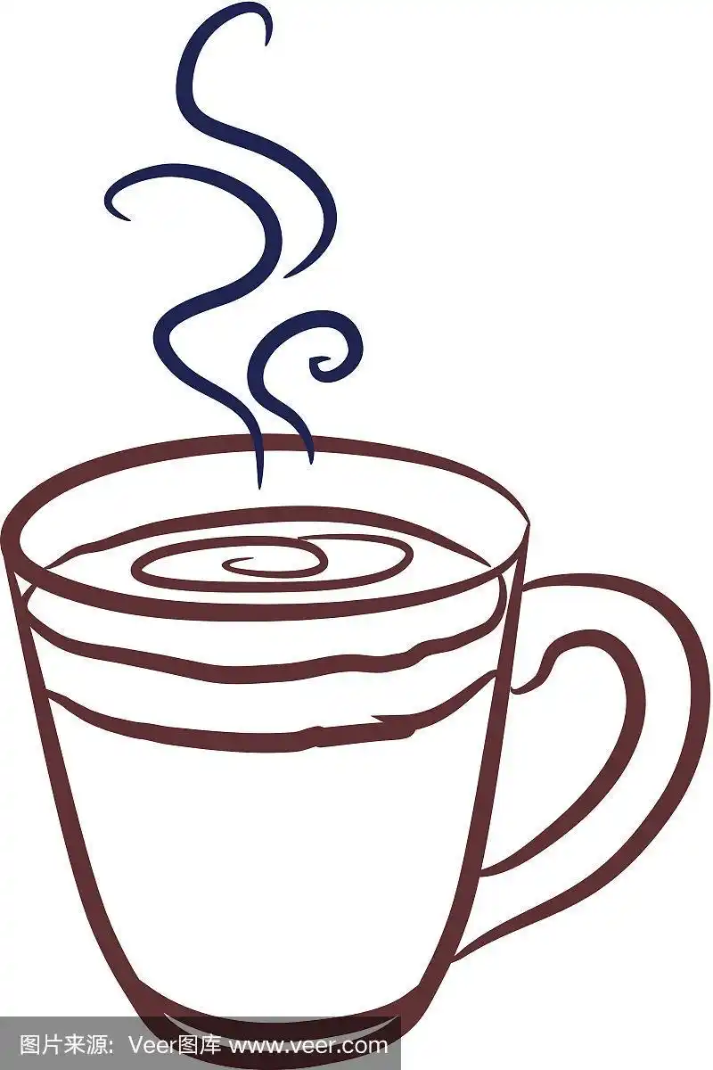 清晰的咖啡杯线绘制轮廓与蓝色蒸汽漩涡