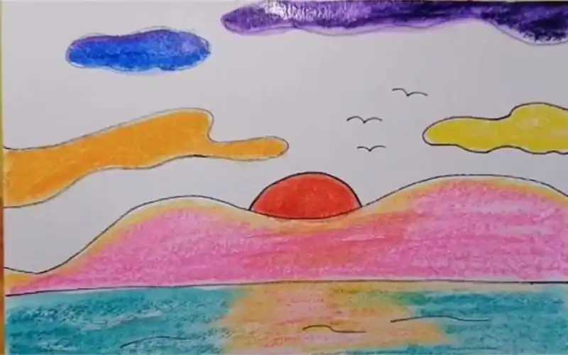 《美丽的晚霞风景》儿童画