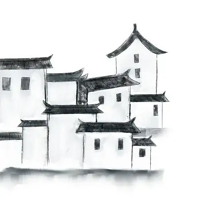 徽派建筑手绘冬至水墨风山水雪景原创插画海报水墨屋檐水墨风水墨元素