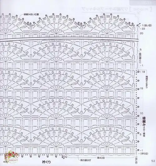女士钩针扇形花自然落肩套头衫 前后片:5/0针按图解锁153起针按图解