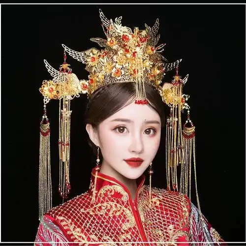 中式新娘秀禾服头饰大气古代皇后结婚发饰步摇流苏古装秀禾凤冠女