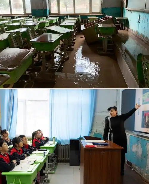 这是一张拼版照片:上图为黑龙江省尚志市希望中学遭受洪涝灾害的教室