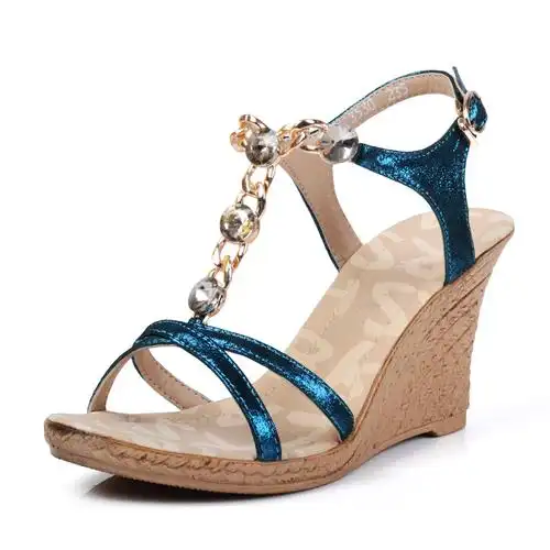 真皮坡跟女凉鞋金色