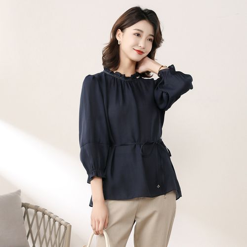 春秋季款七分袖套头小衫荷叶边款式衬衫女
