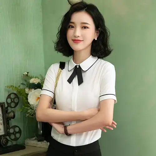 正装白衬衣女短袖气质酒店工作服春夏上班职业衬衫面试工装套装娃娃领