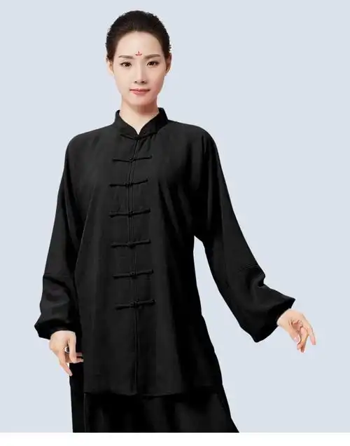 棉麻太极服女春秋款亚麻棉练功服新款短袖武术服太极拳服装男玫红色