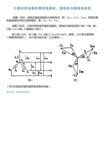 三相对称电源作星形连接时,线电压与相电压关系 如图一所示,线电压是
