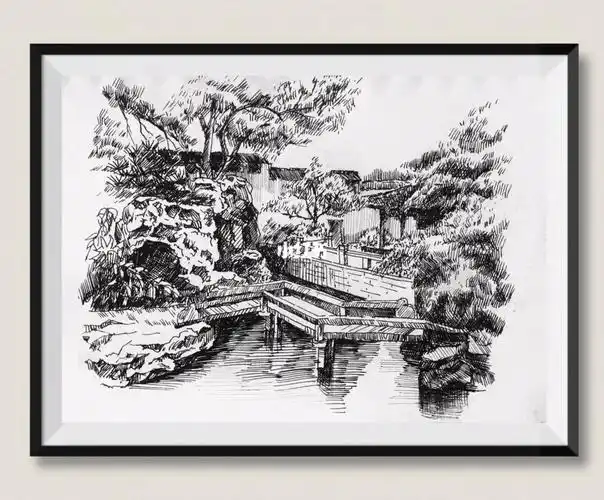 钢笔画苏州园林