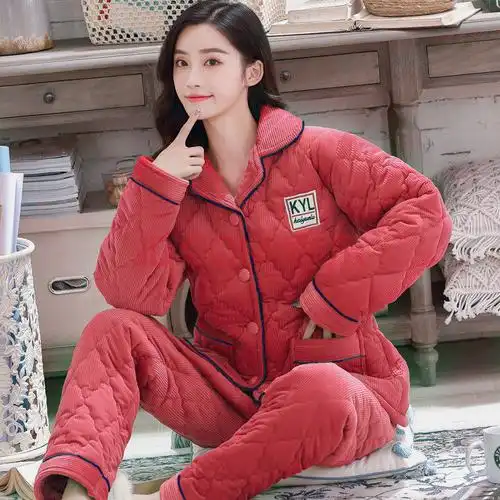 冬季睡衣加厚睡衣女士冬季三层加厚法兰绒睡衣套装秋天保暖珊瑚绒夹