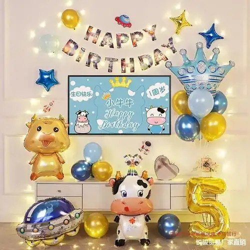 男女孩牛宝宝3周岁生日派对场景布置电视投屏背景墙儿童气球装饰