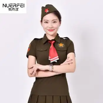 武警部队军人女兵水兵舞服装秋冬新款军装绿色长短袖女翻领t恤军上衣